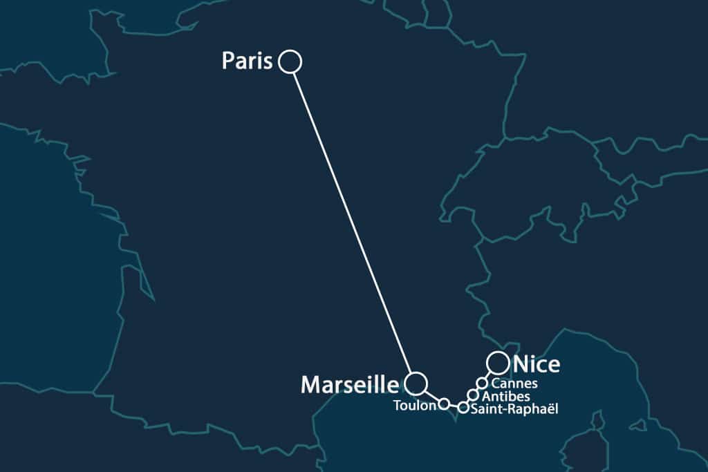 Map of the SNCF night train between Paris and Nice. ©Lunatrain